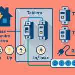 Esquema de casa con panel eléctrico, SPD en tablero, tipos 1 y 2 señalados y regleta; iconos de Uc, Up e In/Imax.