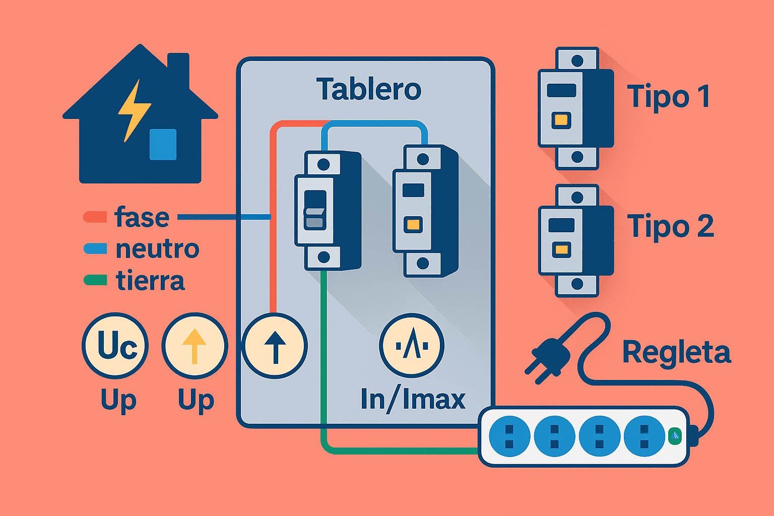 Esquema de casa con panel eléctrico, SPD en tablero, tipos 1 y 2 señalados y regleta; iconos de Uc, Up e In/Imax.