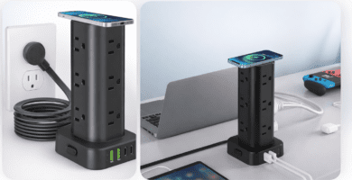 Collage de una torre regleta con 12 tomas AC, 2 puertos USB-A, 2 USB-C y plataforma de carga inalámbrica, mostrando uso en escritorio con varios dispositivos.