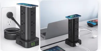 Collage de una torre regleta con 12 tomas AC, 2 puertos USB-A, 2 USB-C y plataforma de carga inalámbrica, mostrando uso en escritorio con varios dispositivos.