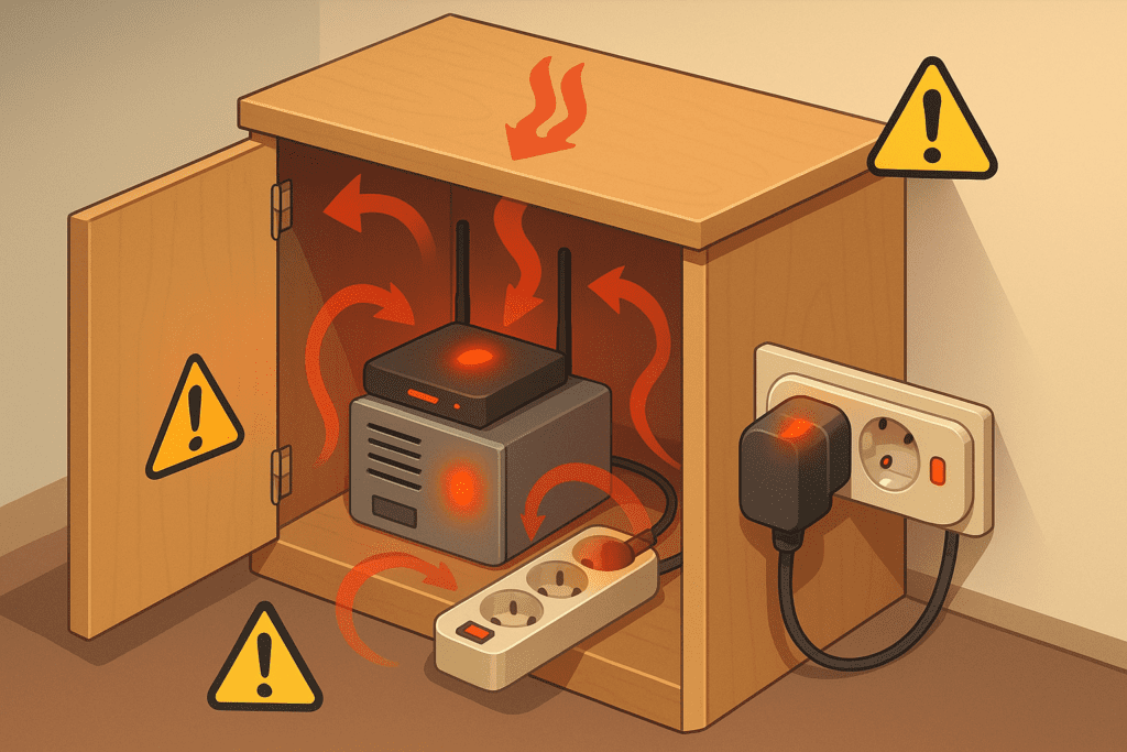 Mueble cerrado con router, NAS y regleta sobrecalentados; flechas rojas indican acumulación de calor y símbolos de advertencia.