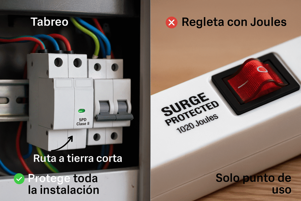 Comparación entre SPD tipo 2 instalado en tablero y una regleta con supresión por “Joules”.