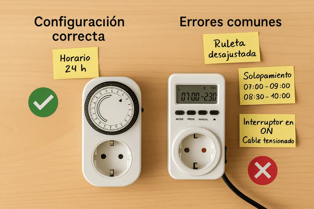 Temporizador mecánico y temporizador digital sobre mesa; notas adhesivas indican configuración correcta y errores comunes como ruleta desajustada, horarios solapados e interruptor en modo ON.