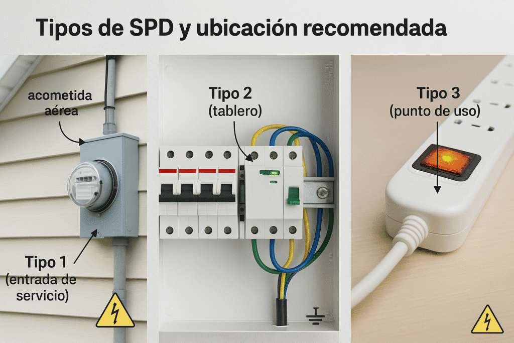 Tríptico fotográfico con entrada de servicio (Tipo 1), tablero con SPD en riel DIN (Tipo 2) y regleta con supresión (Tipo 3).