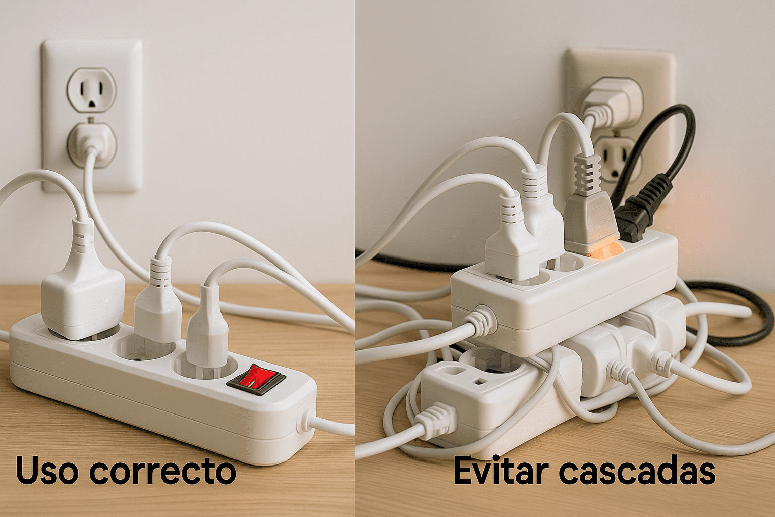 Regleta con cable bien ventilada frente a adaptador triple encadenado, con aviso de sobrecarga y calentamiento.