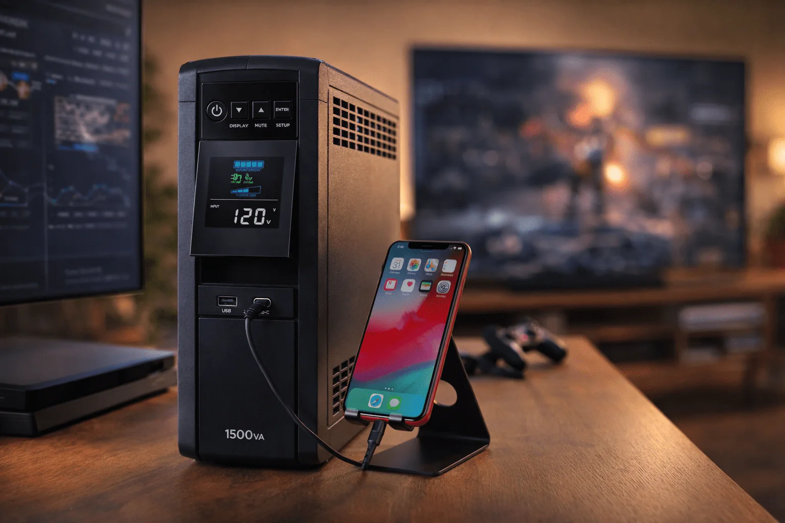 UPS 1500VA en escritorio con pantalla LCD a 120 V y smartphone cargando por USB-C; ideal para PC, TV, consola y router.