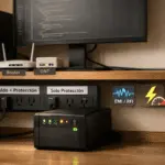Home office con UPS encendido junto a regleta etiquetada “Respaldo + Protección” y “Solo Protección”, router y ONT; enfoque en protección contra picos y filtrado EMI/RFI.