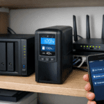 UPS doméstico junto a NAS y router en escritorio; display LCD activo, concepto de tiempo de gracia para apagado seguro.