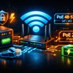 UPS para router con PoE: comparación PoE 48–57V (af/at) vs PoE 24V, con router, RJ45 y batería de respaldo.