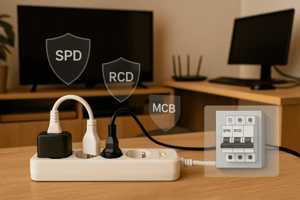 Regleta con supresión básica alimentando TV, router y ordenador; iconos de escudo con SPD, RCD y MCB y recuadro del tablero eléctrico.