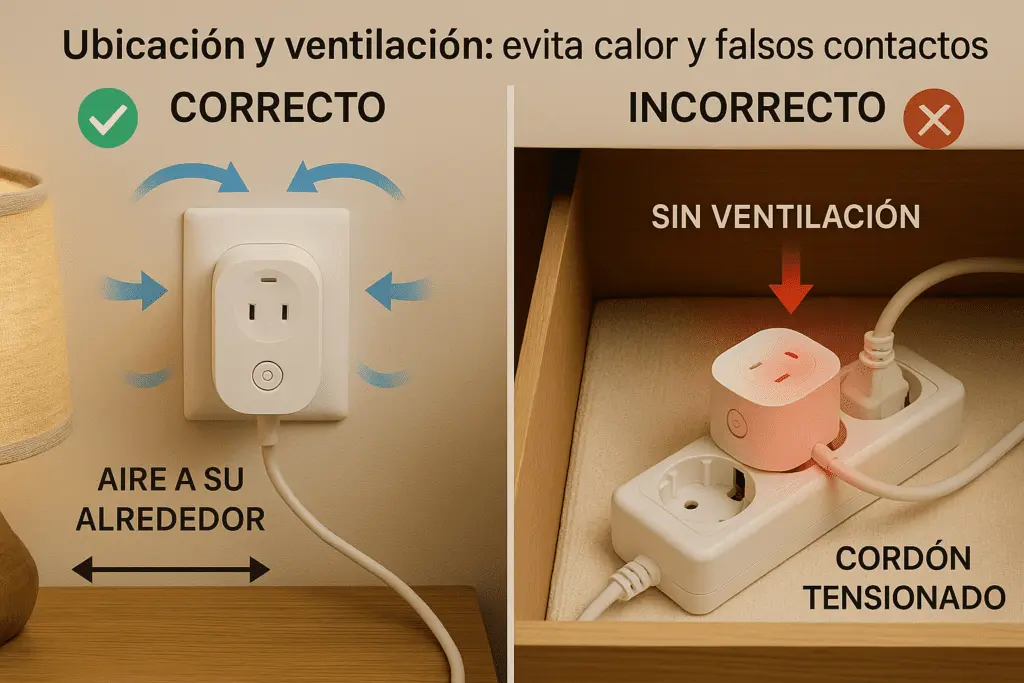 Comparativa de ubicación de smart plug: a la izquierda, con ventilación y espacio libre; a la derecha, regleta dentro de un cajón sin ventilación y cable tensionado.