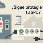 Portada con ilustración de tablero residencial con SPD en riel DIN y regleta con LED “Protected”, mostrando cómo comprobar si el protector sigue activo.