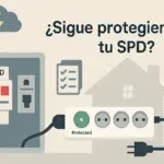 Portada con ilustración de tablero residencial con SPD en riel DIN y regleta con LED “Protected”, mostrando cómo comprobar si el protector sigue activo.