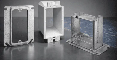 Aro elevador 5/8", extensor de caja 1-gang y aro ajustable 5/8"–1-1/4" para dejar el dispositivo a ras en drywall.