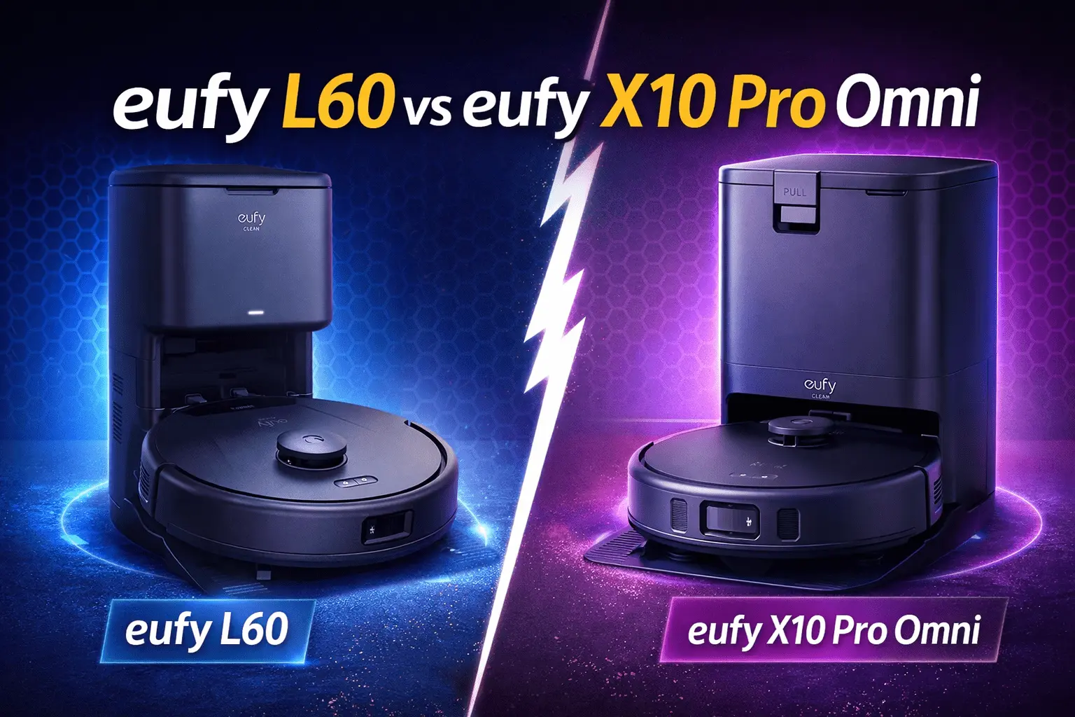 Comparativa eufy L60 vs eufy X10 Pro Omni: dos aspiradoras robot Eufy con base/estación, frente a frente.