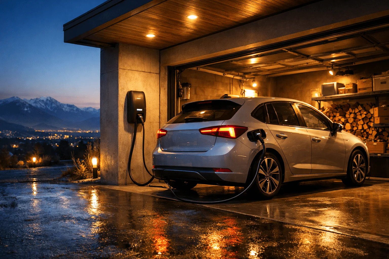 Auto eléctrico cargando en casa con wallbox al atardecer, carport moderno y cable conectado; reflejos en suelo mojado.