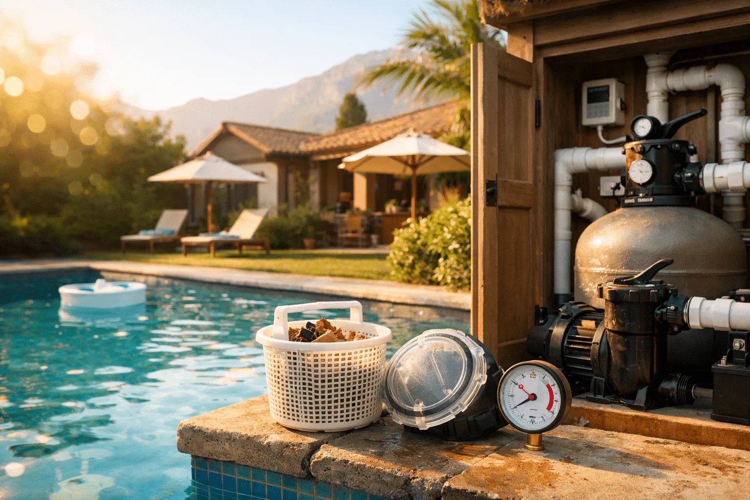 Técnico ajustando la bomba y el filtro de una piscina doméstica, con manómetro y temporizador visibles, enfoque en consumo kWh y mantenimiento en verano en Chile.