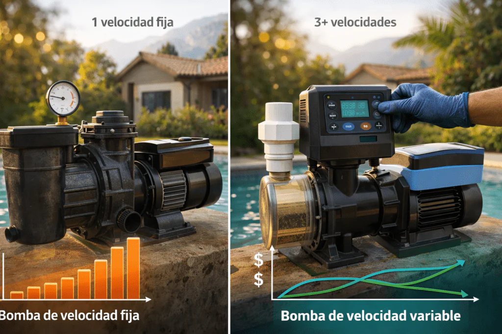 Comparativa entre bomba de piscina de velocidad fija y bomba de velocidad variable, con panel de control y gráfica de ahorro kWh para decidir cuándo conviene cambiar.