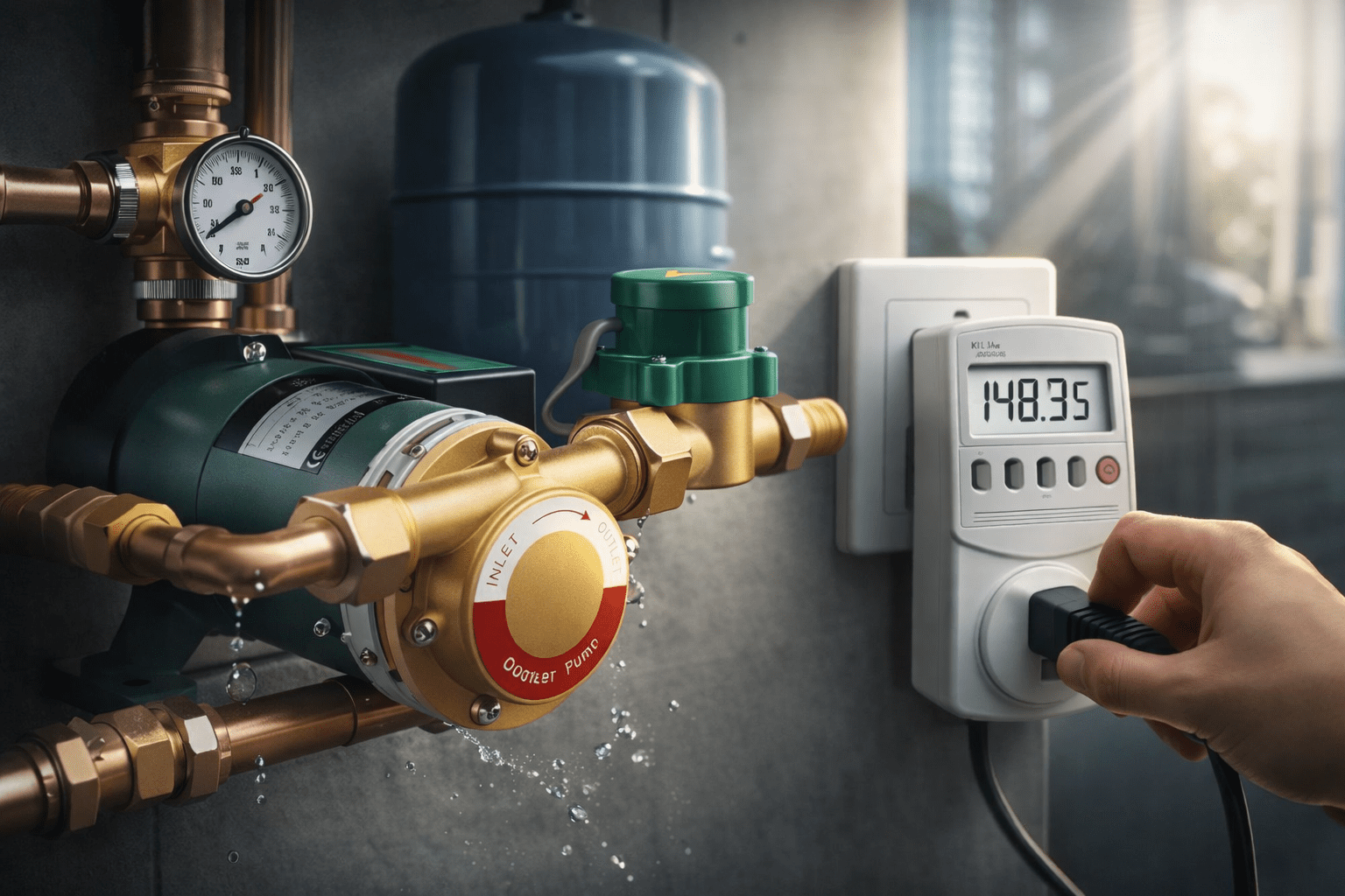 Presurizador de agua doméstico con manómetro junto a medidor Kill A Watt midiendo consumo en kWh en un hogar de varios pisos