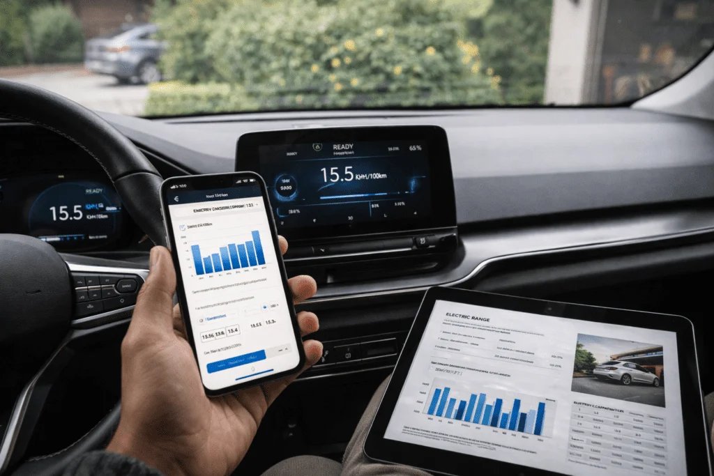 Pantalla de auto eléctrico mostrando consumo en kWh/100 km y autonomía, app/BCM en tablero con ruta y clima.