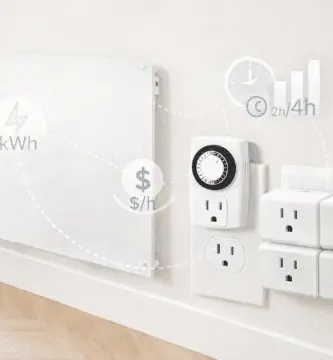 Panel calefactor mural con enchufes inteligentes y temporizador; cálculo de kWh, $/h y uso 2–4 h en invierno.