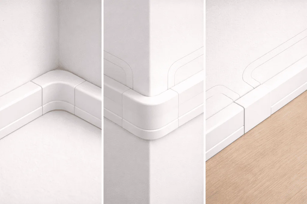 Curva interior, curva exterior y curva plana para giros a 90° en canaletas.