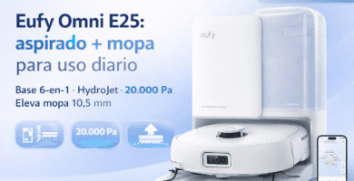 Eufy Omni E25 con estación todo-en-uno: robot aspirador y mopa HydroJet para uso diario, autovaciado y secado del rodillo.