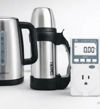 Hervidor eléctrico de acero Amazon Basics, termo Thermos y medidor de consumo Poniie PN2000 sobre fondo claro; guía kWh por litro y costo por taza.