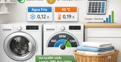 Cuarto de lavado con lavadora y secadora; gráficos de kWh por ciclo y precio kWh; calculadora para estimar costo por carga.
