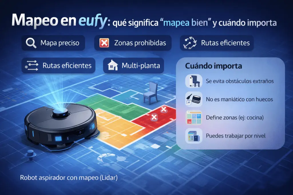 Infografía sobre el mapeo en robots aspiradora eufy: navegación LiDAR, mapa de la casa, limpieza por habitaciones, zonas prohibidas y rutas eficientes.