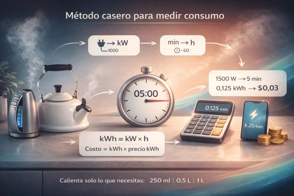 Infografía en español con el método casero para convertir minutos de uso en kWh y kWh en costo: fórmulas, pasos y ejemplo rápido.