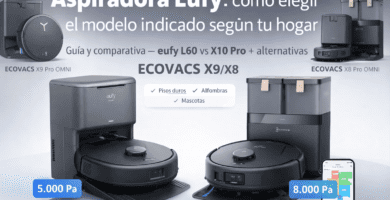 Comparativa de portada: eufy X10 Pro Omni y eufy L60 Auto-Empty frente a ECOVACS DEEBOT X9 Pro OMNI y X8 Pro OMNI, con estaciones base y vista de la app.