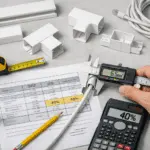 Mesa de trabajo con canaletas blancas, calibre, nivel, cinta métrica, calculadora y tabla 40/60 % para calcular la sección según conductores.