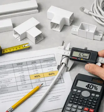 Mesa de trabajo con canaletas blancas, calibre, nivel, cinta métrica, calculadora y tabla 40/60 % para calcular la sección según conductores.