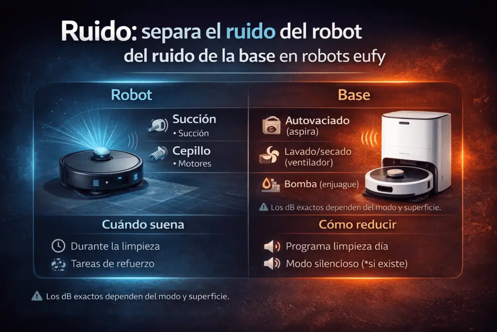 diferencia entre el ruido del robot eufy al limpiar y el ruido de la base al autovaciar/lavar/secar.