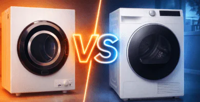 Comparativa visual: secadora resistiva ventilada 120 V (BLACK+DECKER BCED37) vs secadora con bomba de calor ventless 24″ (Samsung DV25B6900HW)