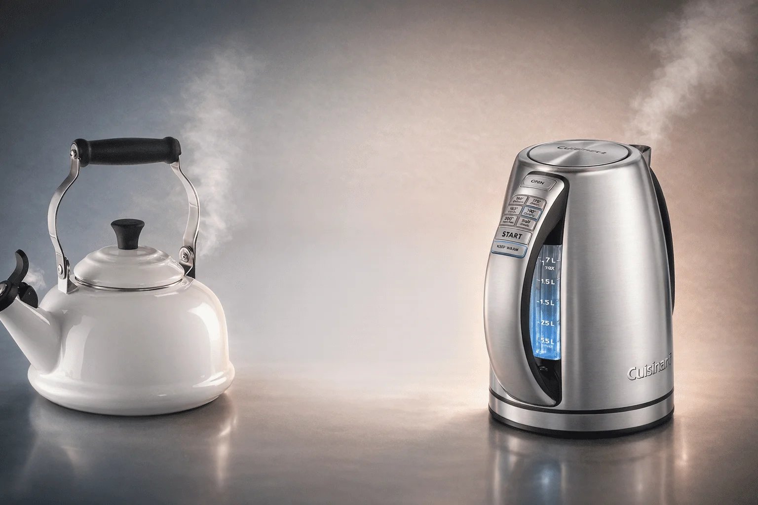 Tetera eléctrica Cuisinart junto a hervidor tradicional Le Creuset; comparación de consumo, tiempos de hervido y costo por uso.