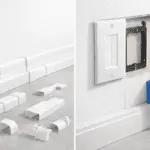Comparativa: canalización visible con canaletas y codos vs canalización empotrada con caja “old work” y pasamuros de cerdas