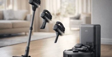eufy aspiradora de mano con accesorios para limpieza rápida de auto y rincones, junto a palo y base de robot eufy sobre fondo claro