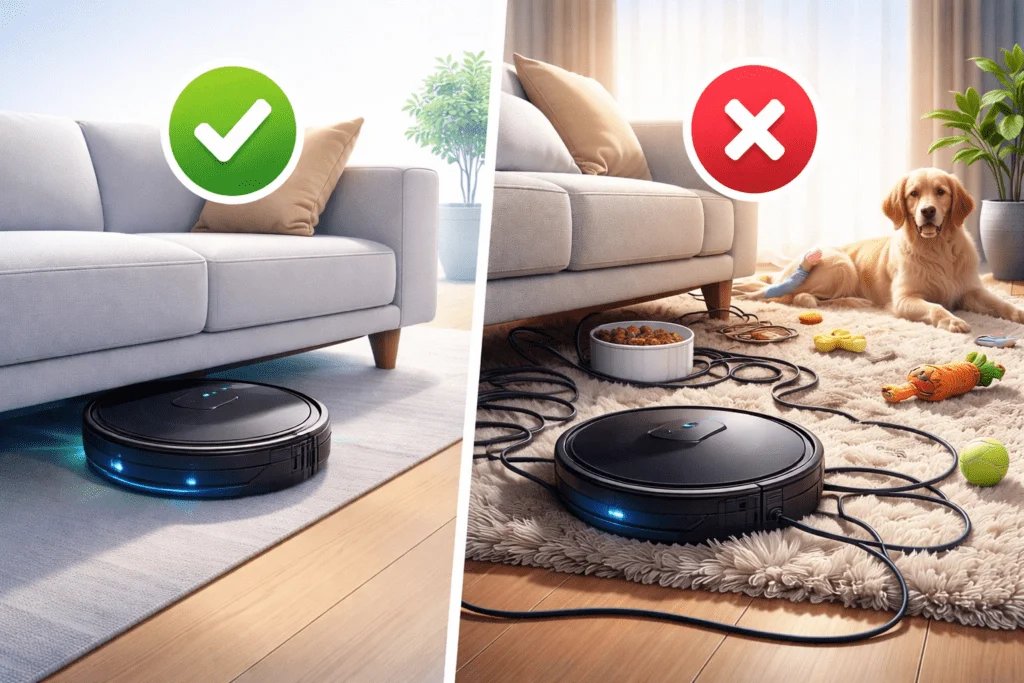 Comparación de uso de aspiradora robot: sala ordenada con visto bueno y sala con cables y desorden con una X.