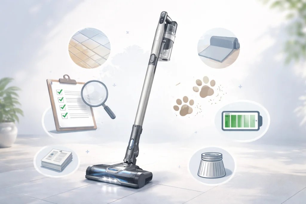 Checklist para elegir una aspiradora vertical similar a Eufy cuando no hay stock: tipo de suelo, mascotas, batería, filtros y ergonomía.