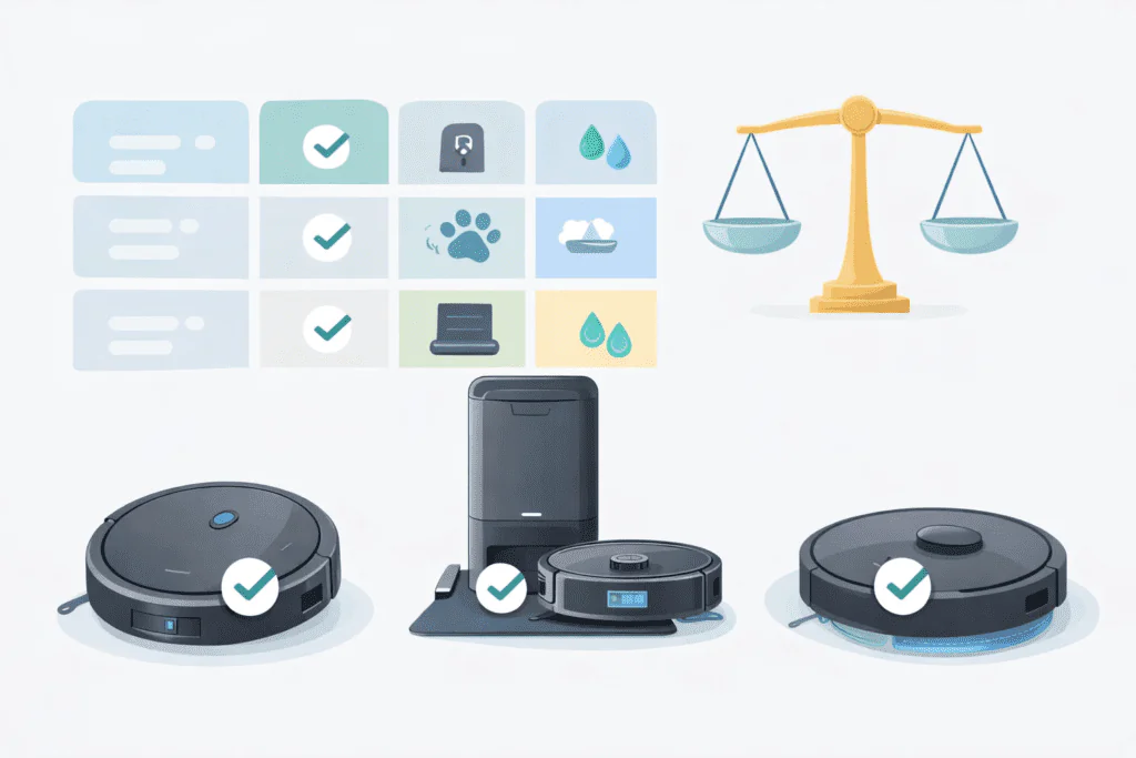 Ilustración de comparativa de robots aspiradores Eufy con bases de carga, sin texto.