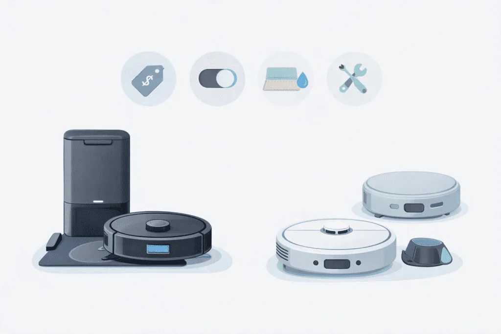 Ilustración comparativa de robots aspiradores Eufy y otras marcas con iconos de precio, facilidad, trapeado y mantenimiento