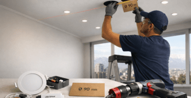 Electricista instalando panel LED empotrado en cielo de yeso; cortes limpios, driver verificado y conexiones seguras en Santiago.