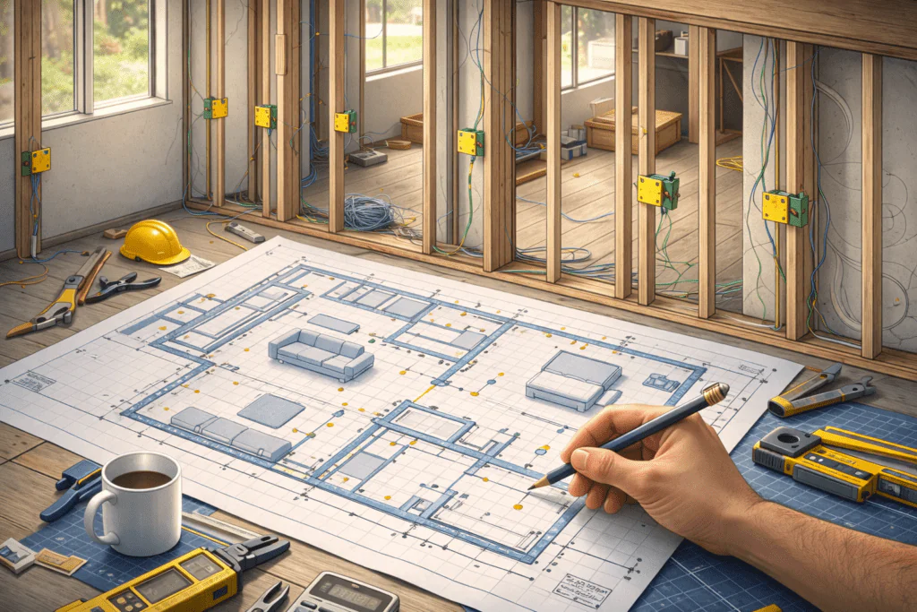 Plano de remodelación con tabiques abiertos y puntos eléctricos marcados antes de cerrar muros
