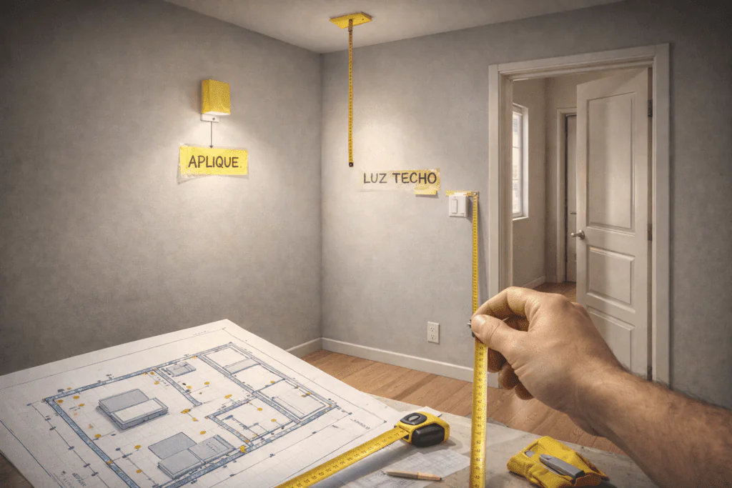 Planificación de puntos de luz en remodelación con cinta métrica y plano antes de instalar luminarias