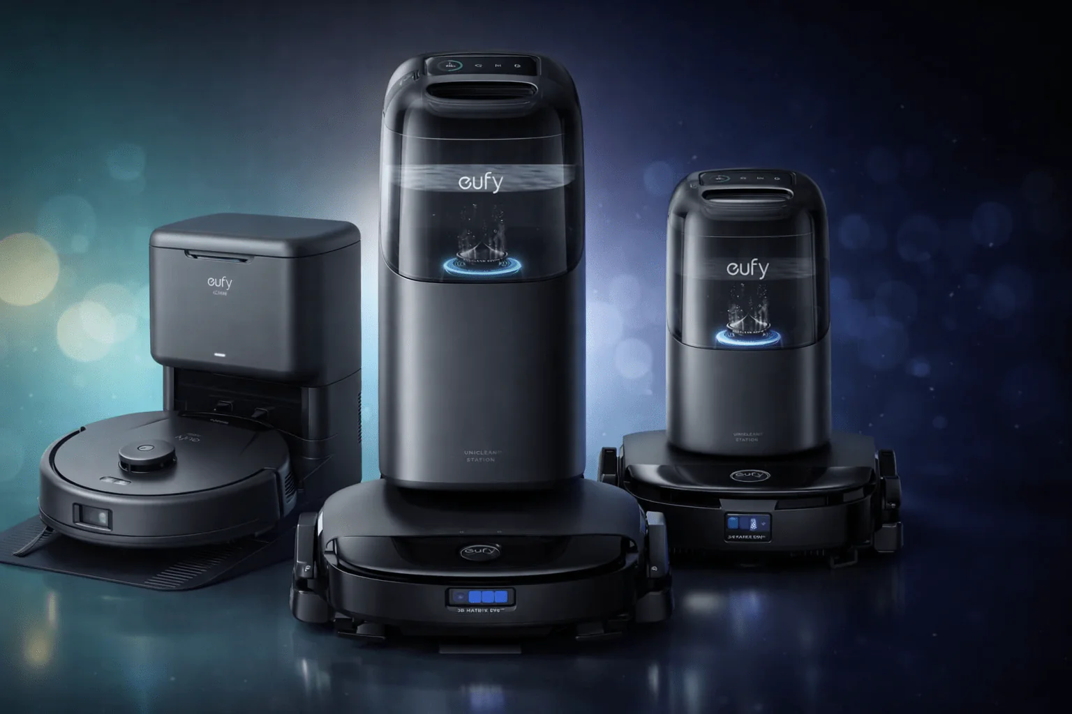 Collage de robots aspiradores Eufy con y sin estación de autovaciado, en primer plano, para comparar opciones de limpieza en casa.