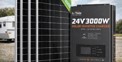 Comparativa visual entre kit solar de 12 V con paneles de 400 W y equipo solar de 24 V 3000 W para elegir según distancia de cable y potencia