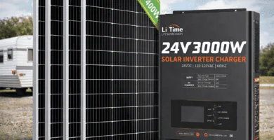 Comparativa visual entre kit solar de 12 V con paneles de 400 W y equipo solar de 24 V 3000 W para elegir según distancia de cable y potencia