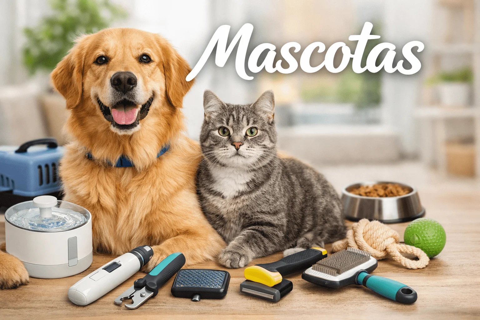 Perro y gato junto a accesorios y aparatos para mascotas en casa